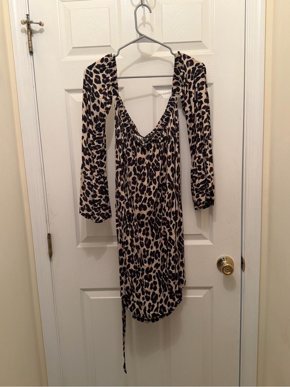 Leopard Print Long Sleeve V-Neck Dress - Beige & Black